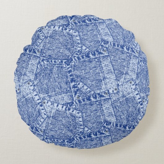Abstract Denim Pockets Patchwork Seamless Pattern ラウンドクッション (正面)