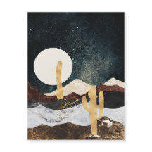 Abstract Desert Night Sky with Golden Cactus