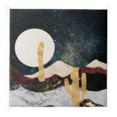 Abstract Desert Night Sky with Golden Cactus タイル (正面)