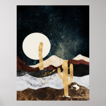 Abstract Desert Night Sky with Golden Cactus