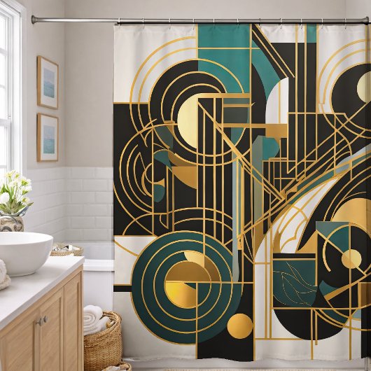 Abstract Design Black Gray Gold Teal シャワーカーテン