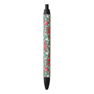 Abstract design of poinsettia and Christmas roses 黒ボールペン
