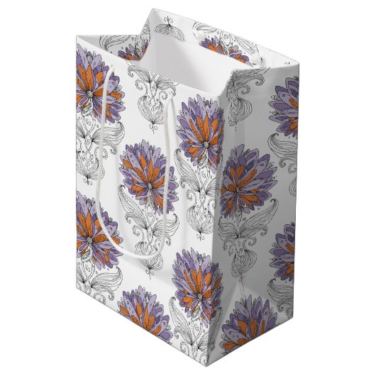 Abstract Doodle Art Style Flowers Purple Orange ミディアムペーパーバッグ (正面アングル)