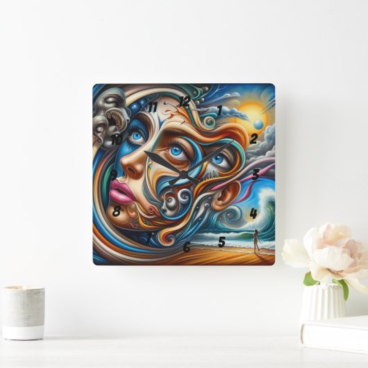Abstract Dreamscape Ocean Serenity & Cosmic Wonder スクエア壁時計 (ホーム)
