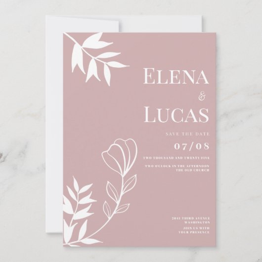 Abstract dusty rose white sketch floral wedding 招待状 (正面)