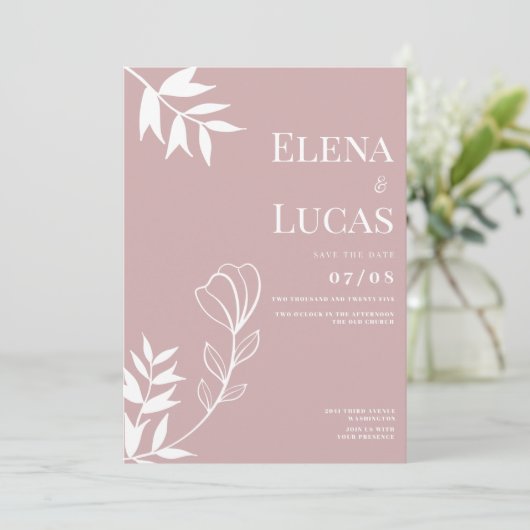 Abstract dusty rose white sketch floral wedding 招待状 (スタンド正面)