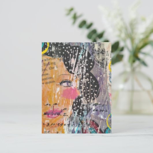 Abstract Face Polka Dot Hair Mixed Media Collage ポストカード (スタンド正面)