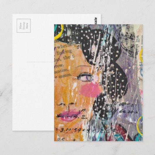 Abstract Face Polka Dot Hair Mixed Media Collage ポストカード (正面/裏面)