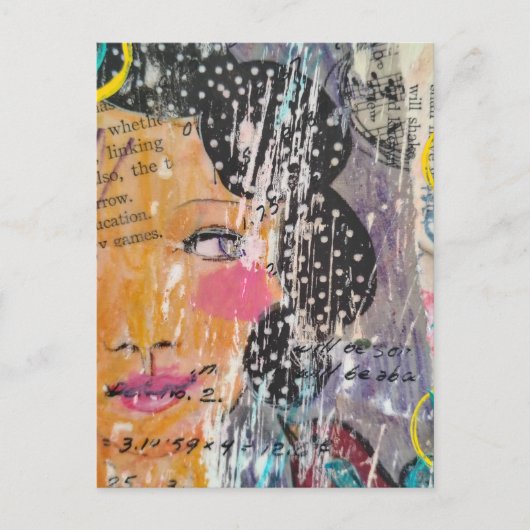 Abstract Face Polka Dot Hair Mixed Media Collage ポストカード (正面)