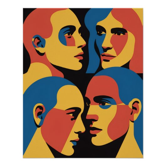Abstract Faces Grid Art Print, Human Faces ポスター (正面)