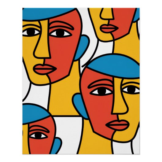 Abstract Faces Print, Vibrant Geometric Art ポスター (正面)