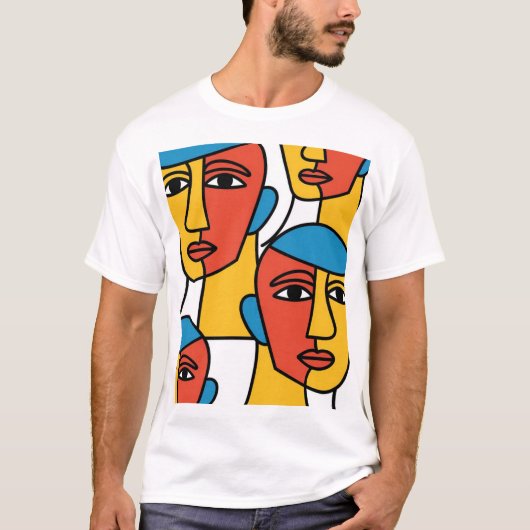 Abstract Faces Print, Vibrant Geometric Art Tシャツ (正面)