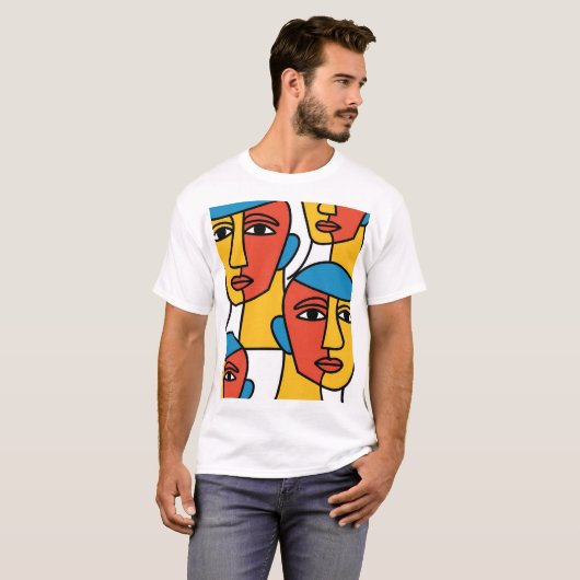 Abstract Faces Print, Vibrant Geometric Art Tシャツ (正面フル)