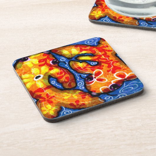 Abstract Floral Koi Fish Orange Yellow Red Blue コースター (左側)