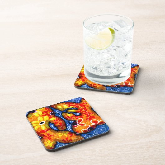 Abstract Floral Koi Fish Orange Yellow Red Blue コースター (右側)