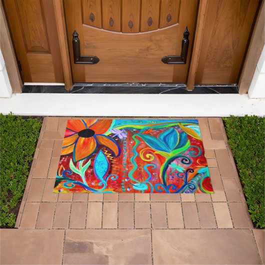 Abstract floral orange, blue intuitive art ドアマット (室外)