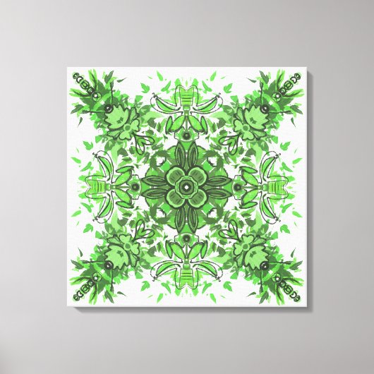 Abstract Floral Pattern In Black & Green On White キャンバスプリント (正面)
