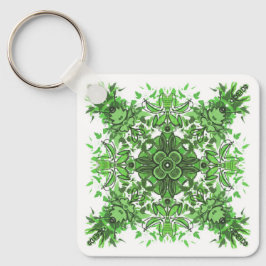Abstract Floral Pattern In Black & Green On White キーホルダー