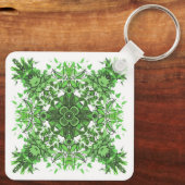 Abstract Floral Pattern In Black & Green On White キーホルダー (裏面)