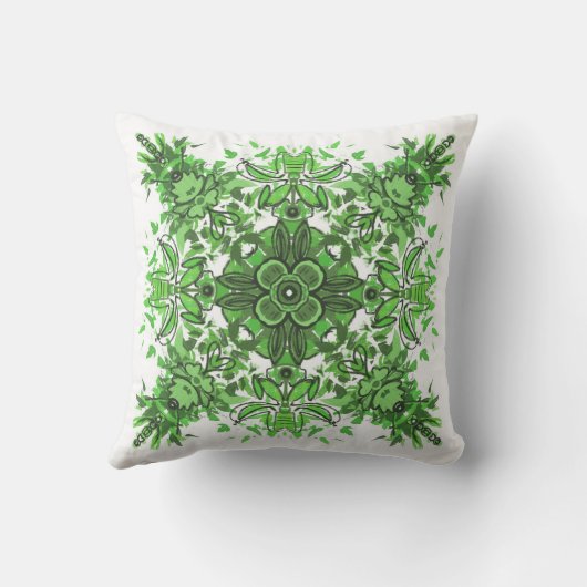 Abstract Floral Pattern In Black & Green On White クッション (裏面)