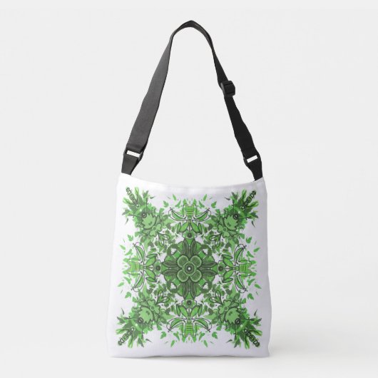Abstract Floral Pattern In Black & Green On White  クロスボディバッグ (正面)