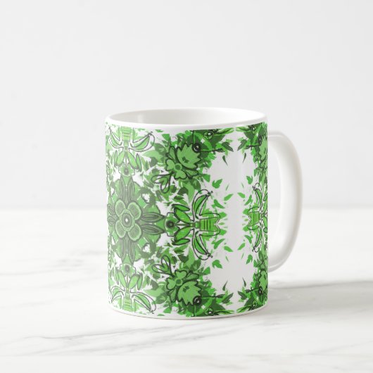 Abstract Floral Pattern In Black Green On White コーヒーマグカップ (正面右)