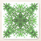 Abstract Floral Pattern In Black Green On White スクエアペーパーコースター (正面)