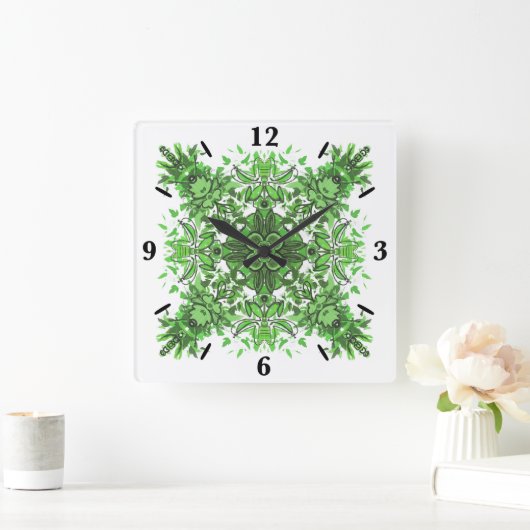 Abstract Floral Pattern In Black & Green On White スクエア壁時計 (ホーム)