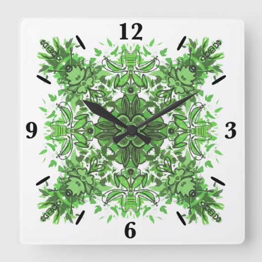 Abstract Floral Pattern In Black & Green On White スクエア壁時計 (正面)