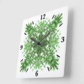 Abstract Floral Pattern In Black & Green On White スクエア壁時計 (傾斜)
