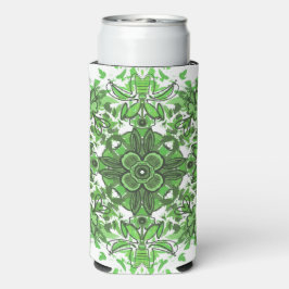 Abstract Floral Pattern In Black Green On White スリム缶クーラー