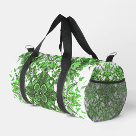Abstract Floral Pattern In Black & Green On White ダッフルバッグ