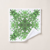 Abstract Floral Pattern In Black & Green On White バスタオルセット (ウォッシュタオル)