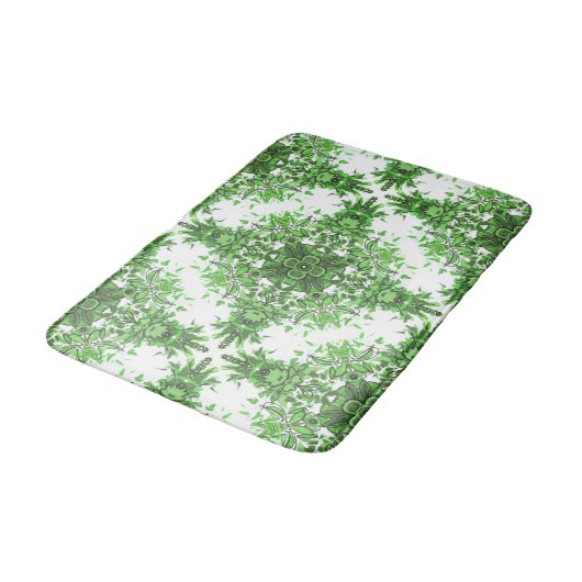 Abstract Floral Pattern In Black & Green On White バスマット (アングル)