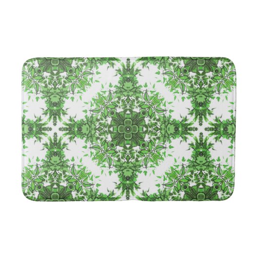 Abstract Floral Pattern In Black & Green On White バスマット (正面)