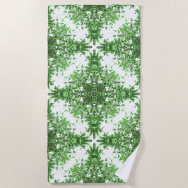 Abstract Floral Pattern In Black & Green On White ビーチタオル