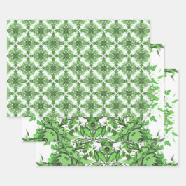 Abstract Floral Pattern In Black Green On White ラッピングペーパーシート