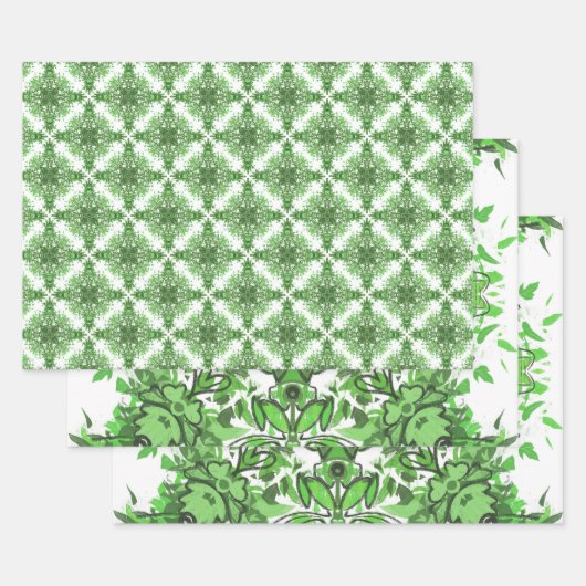 Abstract Floral Pattern In Black Green On White ラッピングペーパーシート (セット)
