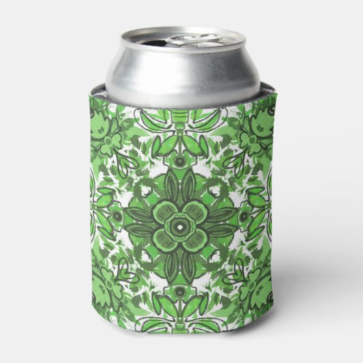 Abstract Floral Pattern In Black Green On White 缶クーラー (缶正面)