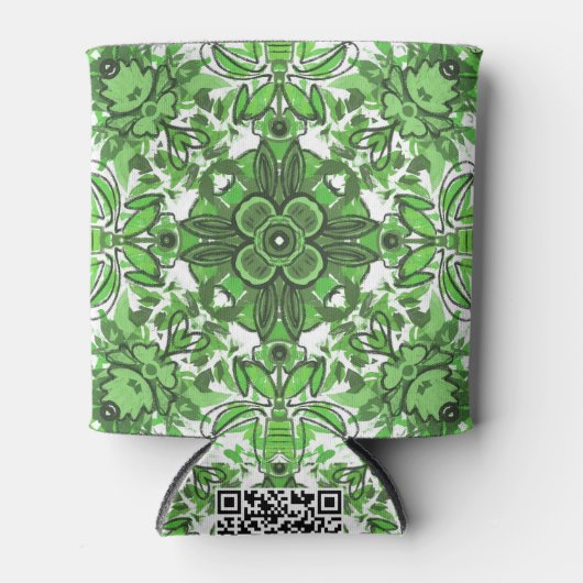 Abstract Floral Pattern In Black Green On White 缶クーラー (正面)