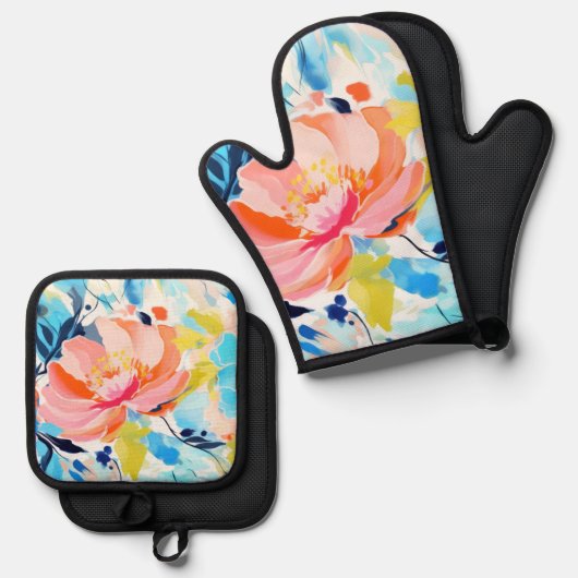Abstract floral pattern painting  鍋つかみ&鍋敷きセット (正面/裏面)