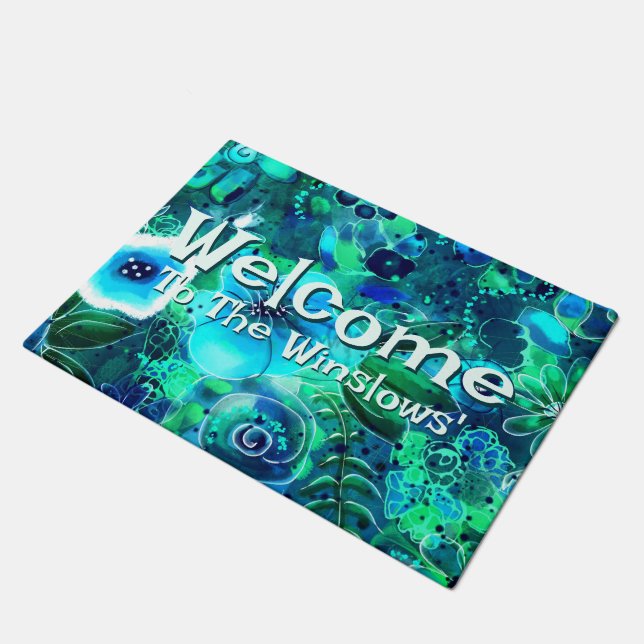 Abstract Floral Teal Blue Green Personalized ドアマット (アングル)