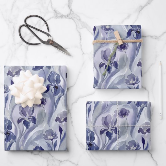 Abstract Flowers Pattern Indigo Purple Iris ラッピングペーパーシート (正面)