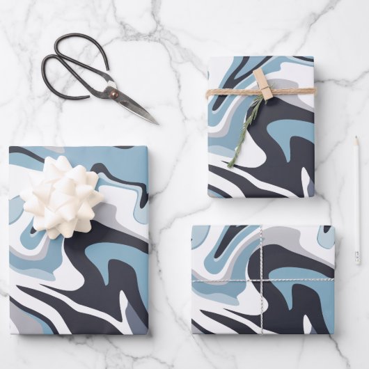 Abstract Fluid Art with Swirling Blue & Grey Tones ラッピングペーパーシート (正面)