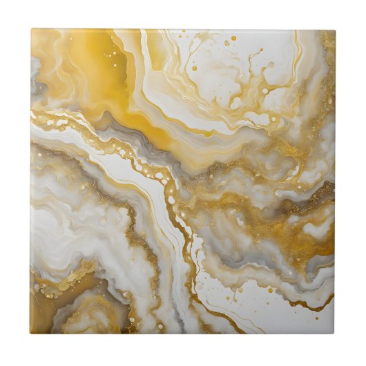 Abstract Fluid Ink Art Gold and White Marble  タイル (正面)