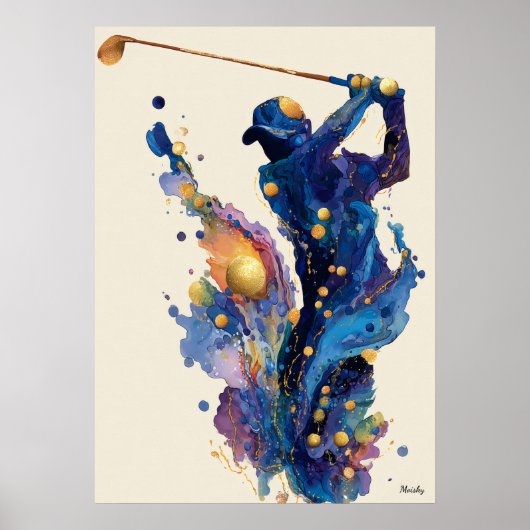 Abstract Fluid Ink Golfer Dynamic Motion Wall Art ポスター (正面)