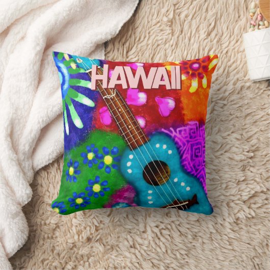 Abstract Funky Ukulele Floral Tropical Teal Purple クッション (ブランケット)