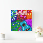 Abstract Funky Ukulele Floral Tropical Teal Purple スクエア壁時計 (ホーム)