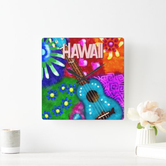 Abstract Funky Ukulele Floral Tropical Teal Purple スクエア壁時計 (ホーム)