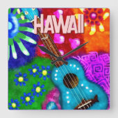 Abstract Funky Ukulele Floral Tropical Teal Purple スクエア壁時計 (正面)